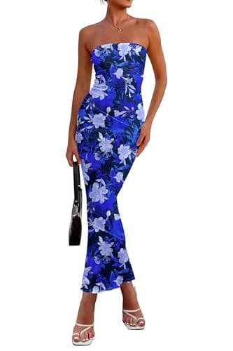 PRETTYGARDEN Women's 2026 Summer Floral Bodycon Maxi Dresses Ribbed Strapless Tube Casual Boho Party Long Dress (Floral Blue,X-Small) - Image 1