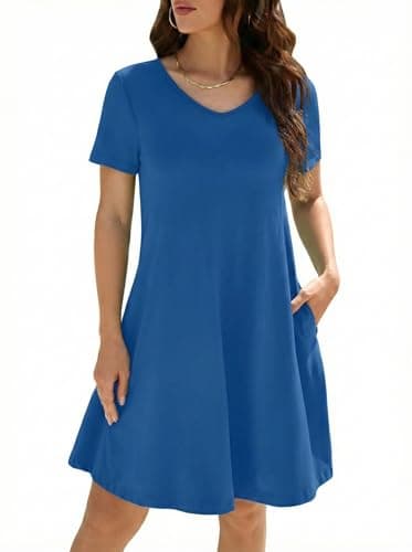 KORSIS T-Shirt Summer Dresses for Women Casual Dress V Neck Swing Flowy Short Sleeve Beach Vacation Sundress with Pockets Royal Blue XL - Image 1