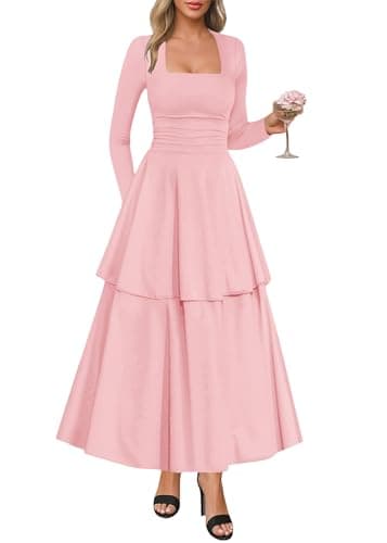 Lazysmile Women's Long Sleeve Fall Dresses Square Neck Ruched Waist Ruffle Hem Flowy Elegant Modest Boho Casual Maxi Dress Pink - Image 1
