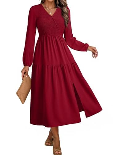 Dokotoo Dresses for Women 2026 Long Sleeve V Neck Smocked Empire Waist Ruffle Tiered Swing Split Maxi Dress Teacher Dresses Red Small - Image 1