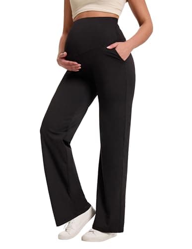 BRATUC Maternity Pants for Women Over Belly Pregnancy Pants Straight Leg Stretchy Comfort Casual Trousers with Pockets Black Medium - Image 1