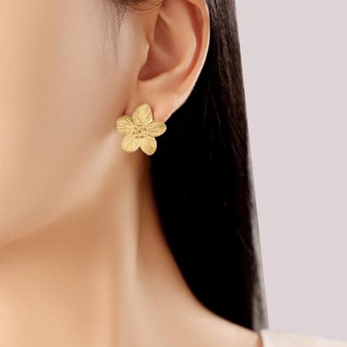EINNULEIN 18K Gold Plated Gold Flower Earrings For Women Trendy Dainty Small Flower Statement Earrings Hypoallergenic Floral Stud Earring Jewelry Gifts for Her - Thumbnail 2