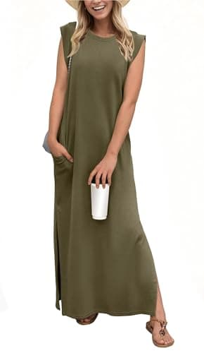 HiMONE Casual Summer Dress for Women Petite Friendly Sleeveless Tank Dress Loose Fit Maxi with Pockets Army Green - Image 1