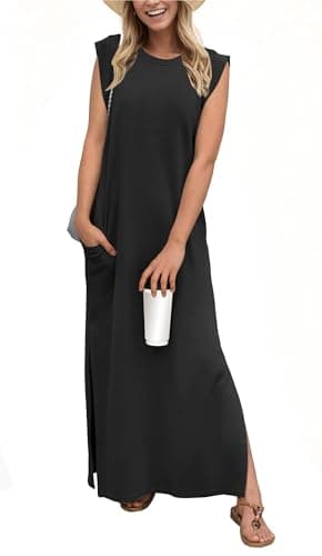 HiMONE Casual Summer Dress for Women Petite Friendly Sleeveless Tank Dress Loose Fit Maxi with Pockets Black - Image 1