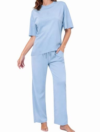 PATPAT Lounge Sets for Women Short Sleeve Pajama Set Soft Comfy Elastic Pjs 2 Piece Loungewear Outfits with Pockets Light Blue, XL - Image 1