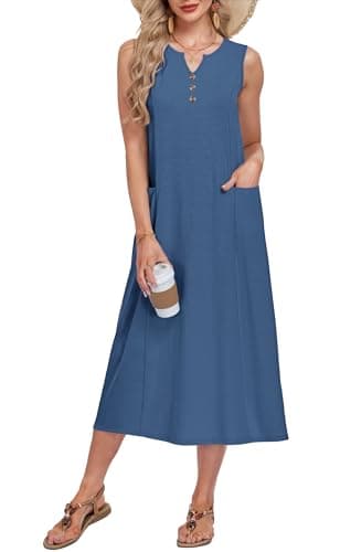 MOLERANI Midi Dress with Pockets V Neck Sleeveless Button Down Casual Summer Beach Vacation Dresses for Women Comfort, Beja Blue, 2XL - Image 1