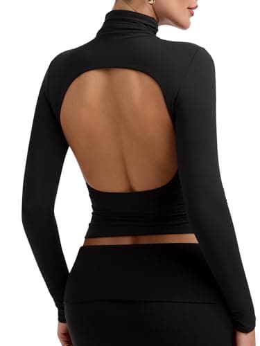PINKMSTYLE Womens Open Back Turtleneck Long Sleeve Top Ruched Double Lined Shirts Going Out Outfits 2025 Black Medium - Image 1