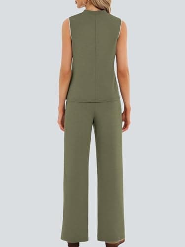 Casly Lamiit 2 Piece Lounge Set Women Summer Travel Outfits Sleeveless Tank Top Front Slit Pants Airport Vacation Clothing Sets Army Green 2XL - Thumbnail 4