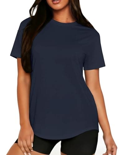 LETSEE Women's Short Sleeve Tops Summer Athletic Yoga Tshirts Soft Crew Neck Casual T-Shirt Navy Blue M - Image 1