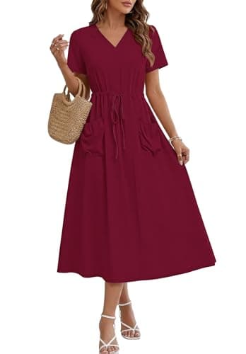 MOLERANI Women Summer Maxi Dress Casual Tie Waist Long Dresses Cruise Sundress Flattering Dress with Pockets, Wine Red, 2XL - Image 1