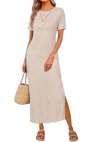 Arach&Cloz Womens Summer Wool Blend T Shirt Maxi Dress 2026 Spring Casual Short Sleeve Crew Neck Slit Fashion Sweater Knit Long Dresses Trendy Travel Vacation Outfits Apricot XL - Image 1