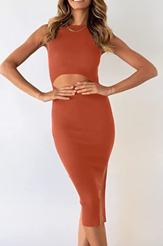 PRETTYGARDEN Women's Summer Midi Bodycon Dresses Casual Crew Neck Side Slit Sleeveless Knit Cut Out Tank Top Dress (Brick Red,Large) - Thumbnail 3
