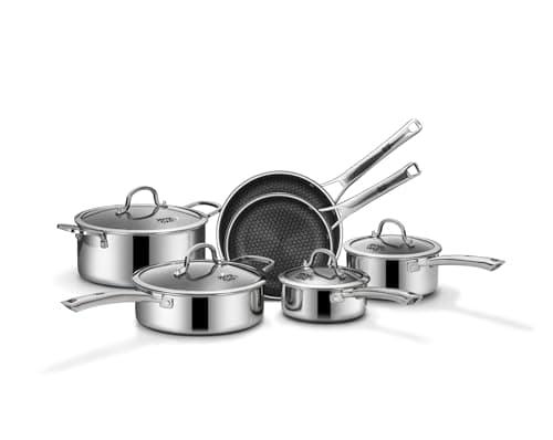 SNOWCLAD Pots and Pans Set Non Stick, 10 Pcs Hybrid Stainless Steel Cookware Sets, Non Stick Frying Pans, Saucepans, Saute Pan & Stock Pot, PFOA Free Kitchen Skillet,Induction Compatible - Image 1