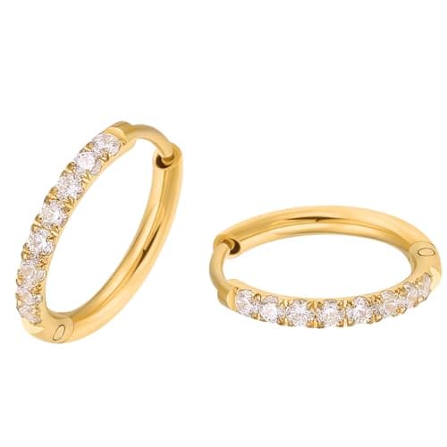 ENVYOU 316L Surgical Steel Huggie Hoop Earrings,Dainty Pave Cubic Zirconia Cartilage Tiny Earring for Sensitive Ears Hypoallergenic Lightweight (Gold 12mm) - Image 1
