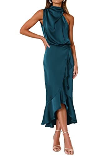 KIRUNDO Women 2026 Spring Summer Satin Mock Neck Wedding Guest Party Cocktail Midi Dress Sleeveless Wrap Ruffle Formal Dress(Navy, Large) - Image 1