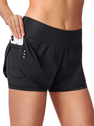 Soothfeel Women's 2 in 1 Running Shorts Workout Athletic Gym Yoga Shorts for Women with Phone Pockets Black - Image 1