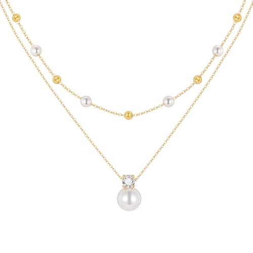 Gold Pearl Necklaces for Women - 14K Gold Plated Layered Pearl Necklace Set, Dainty Cute Floral Daisy Pearl Necklace,CZ Jewelry Bride Bridesmaid Wedding Gifts for Her - Image 1