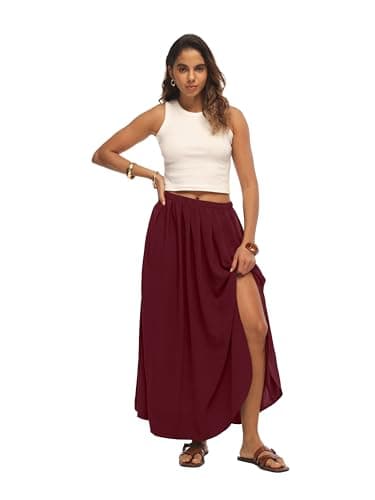 HiMONE Womens Elegant Maxi Skirt High Waisted Pleated Flowy Skirt with Side Slit for Church Office 2026 Wine Red - Thumbnail 6