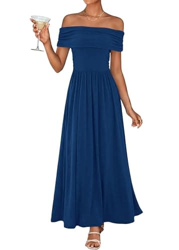 KIRUNDO Cocktail Dresses for Women 2026 Summer Off The Shoulder Ruched Pleated Long Flowy Formal Party Maxi Dresses Pockets(Navy, Large) - Image 1