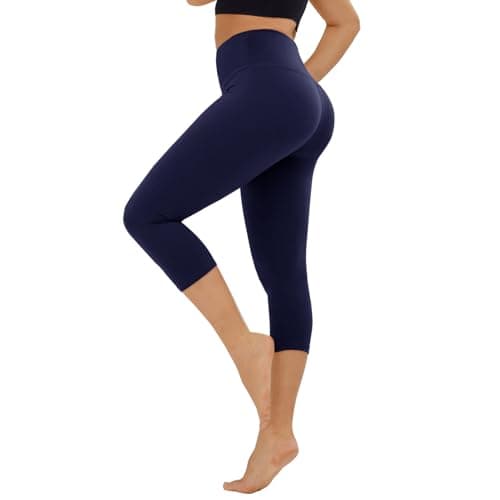 High Waisted Leggings for Women - No See Through Tummy Novelty Workout Yoga Pants with Pockets Reg & Plus Navy Blue - Image 1