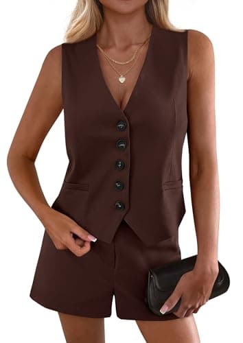 PRETTYGARDEN 2 Piece Sets for Women Spring Fashion 2026 Button Vest Tops High Waist Shorts Summer Business Casual Outfits (Brown,XX-Large) - Image 1