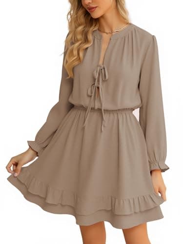 Angashion Women's Tie Front Mini Dress: V Neck Long Sleeve Elastic Waistband Layer Ruffle Hem Short Dress with Pockets Khaki X-Large - Thumbnail 2
