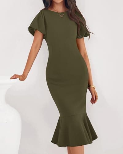 BTFBM Women Formal Wedding Guest Cocktail Dresses 2026 Short Sleeve Ruffle Mermaid Work Bodycon Elegant Midi Summer Dress(Army Green, XX-Large) - Thumbnail 6