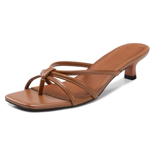 Athlefit Women's Strappy Kitten Heels Square Toe Flip Flop Short Heels Slip On Fashion Brown Low Heel Thong Sandals Size 6.5 - Image 1