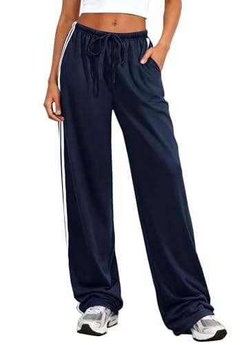 PRETTYGARDEN Womens Wide Leg Sweat Pants Striped Drawstring Waist Casual Athletic Track Flowy Pants Trousers Summer Clothes (Navy Blue,L) - Image 1