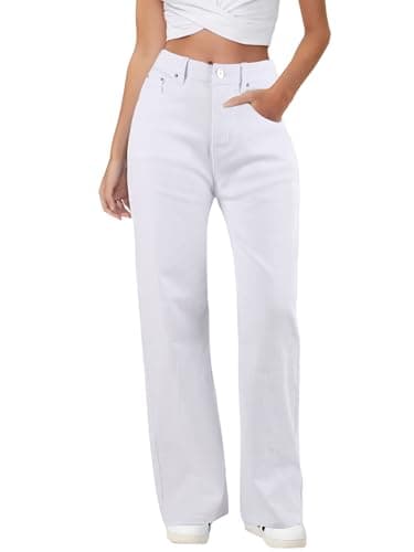 HDLTE Baggy Stretchy Jeans for Women High Waisted Trendy Wide Leg Jeans Boyfriend Denim Pants with Patch Pockets,White,M - Image 1