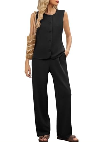 Casly Lamiit 2 Piece Lounge Sets for Women Dressy Casual Outfits Travel Airport Sleeveless Blazer Vest and Pants Set Beach Vacation Clothes Black L - Image 1