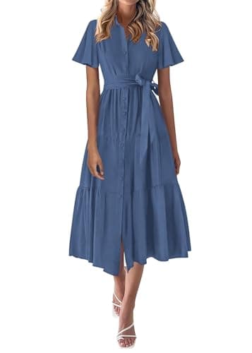 KIRUNDO Summer Button Down Wedding Guest Shirt Dresses for Women Maxi Flutter Short Sleeve Flowy Tiered Beach Sun Dress(Denim Blue, Medium) - Image 1