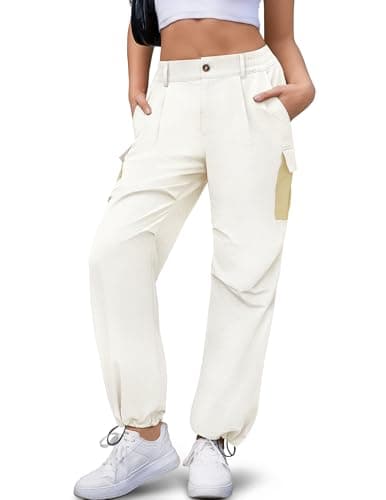 LOOKBOHO Summer Cargo Pants Women 2026 Color Block Pockets Lightweight Travel Drawstring Casual Straight Leg Hiking Trousers Light Apricot Small - Image 1