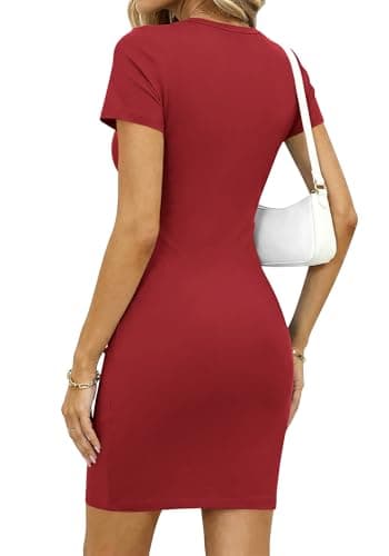 BTFBM Summer Dresses for Women 2026 Short Sleeve Crewneck Bodycon Ruched Spring Tshirt Mini Dress Vacation Casual Outfits(Red, Large) - Thumbnail 3