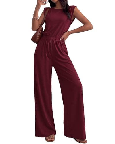 BTFBM 2 Piece Sets for Women Spring 2026 Casual Shoulder Pad Tank Top Wide Leg Pants Matching Set Travel Airport Outfits(Burgundy, Large) - Image 1
