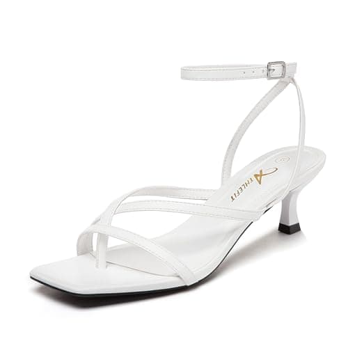 Athlefit Kitten Strappy Heels for Women Square Open Toe Low Heel Sandals Ankle Strap White Sexy Party Wedding Dress Shoes Size 8.5 - Image 1