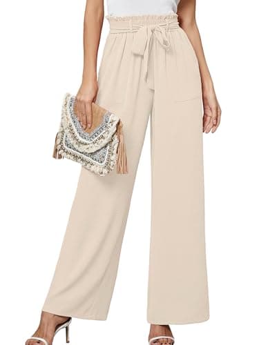 Heymoments Women's Wide Leg Pants with Pockets Lightweight Ivory Medium High Waisted Tie Knot Paperbag Dressy Palazzo Loose Paper Bag Comfy Business Casual Work Flowy Trousers - Image 1