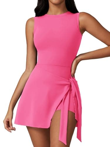 Dokuritu Tennis Dresses for Women Sleeveless Crew Neck Knot Romper Built in Shorts U-Shaped Back Workout Athletic Dress Rose Red - Image 1