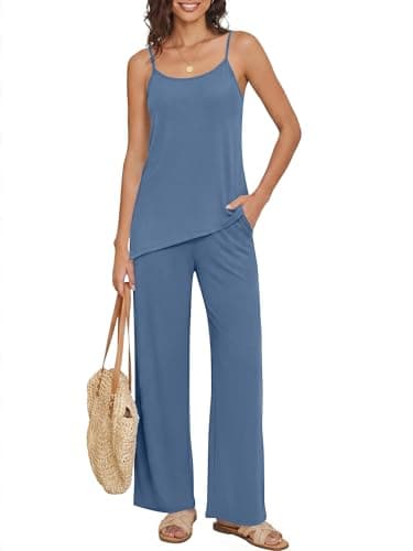 Casly Lamiit 2 Piece Lounge Set Women Summer Travel Outfits Beach Vacation Clothes Casual Matching Pant Sets Spaghetti Strap Tops Blue XL - Image 1