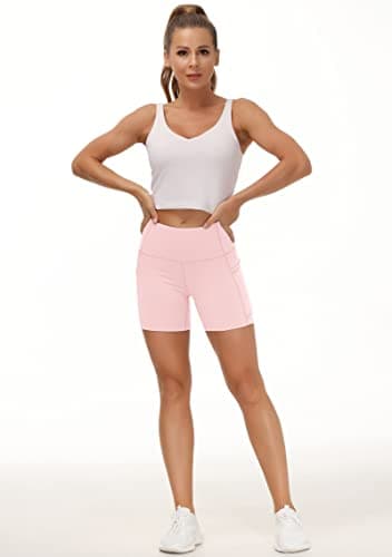 THE GYM PEOPLE High Waist Yoga Shorts for Women's Tummy Control Fitness Athletic Workout Running Shorts with Deep Pockets (Small, Pink) - Thumbnail 6