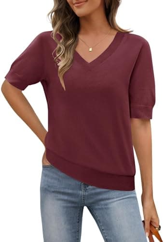 MEROKEETY Women's Short Sleeve Sweater Summer Business Casual Tops V Neck Lightweight Knit Work Shirts 2026, Wine, Small - Image 1