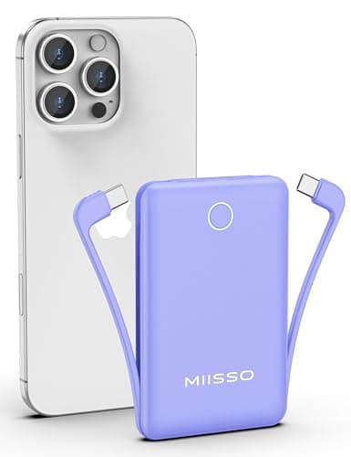 miisso 10000mAh Compatible with iPhone 15/16/17 and Android, Slim Portable Charger with Built in Cable, Power Bank Travel Charger External Battery Pack for Phone, 3 Output USB Type C Cord, Purple - Image 1
