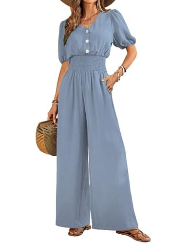 LOOKBOHO Womens Jumpsuits Short Sleeve V Neck Dressy Casual Wide Leg Pants Romper 2026 Summer One Piece Outfits - Image 1