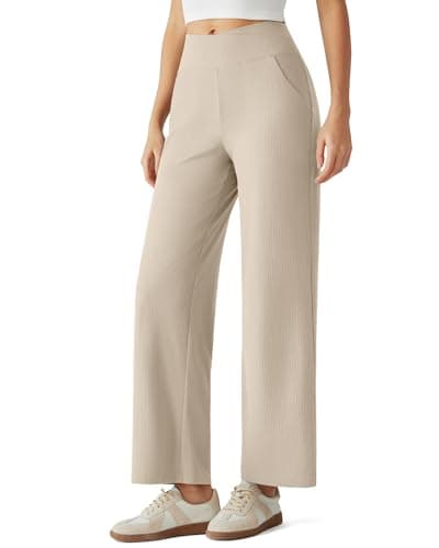 G4Free Women's Wide Leg Pants Ankle Length Wide Leg Trousers Crossover Waistband Stretch Workout Pants with Pockets Breathable(Light Khaki,L,Regular) - Image 1