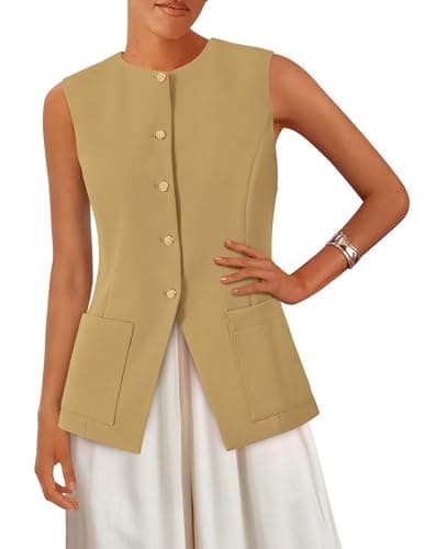 PRETTYGARDEN Blazer Vest Tops for Women Sleeveless Button Down Business Casual Outfits Work Suit Vests Waistcoat(Khaki,Large) - Image 1
