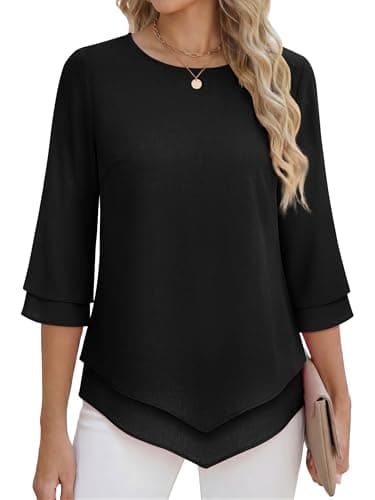 ANRABESS Womens 3/4 Sleeve Blouses Dressy Casual Double Layers Shirts Flowy Tunic Top 2026 Spring Beach Vacation Clothes Black Large - Image 1