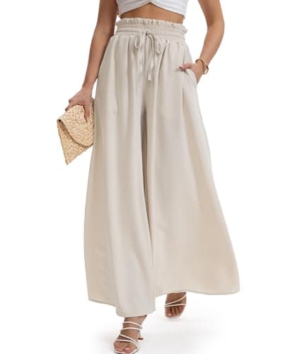 HONGTEYA Women's Summer Wide Leg Palazzo Pants (US, Alpha, X-Large, Regular, Regular, Beige) - Image 1