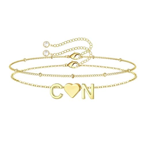 Turandoss 2 Initial Bracelets for Women Trendy – Personalized Heart Two Initial CN Charm, Dainty14K-Gold-Plated Layered Jewelry, Birthday Gifts for Women - Image 1