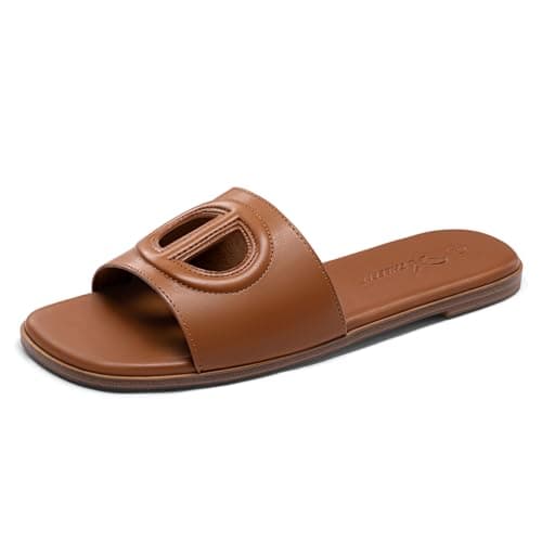Athlefit Brown Flat Sandals Women Square Open Toe Comfortable Slip On Summer Beach Slide Sandals Size 10 - Image 1