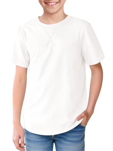 Boys Short Sleeve Tshirts Soft Summer Tops Trendy Cross Stitch Crewneck Tees with Curved Hem Top for Ages 5-14 White - Image 1